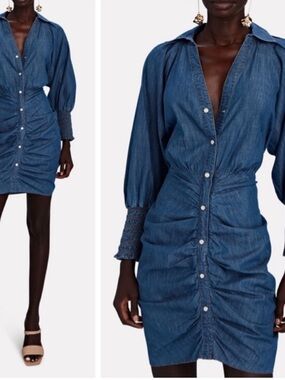 Veronica Beard Allie Chambray Dress Ruched Blue Size 4 Retail 388